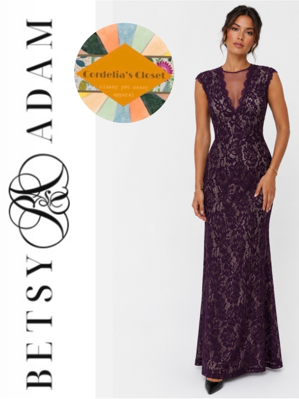 BETSY & ADAM Purple Nude Lace Sheer V-Neck Open-Back Mermaid Gown Dress size 12P